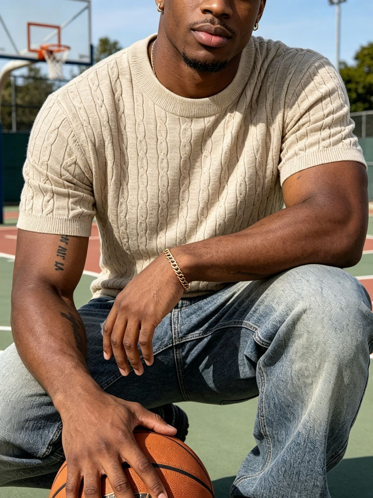Classic Round Neck Cable Knit T-Shirt, Men'S Spring Summer Vintage Texture Top, Cable Twist Pattern Design, Breaking Pure Color Monotony, Suitable for Friends' Gatherings, Outdoor Camping, Casual Dates, Daily Strolls - Apricot