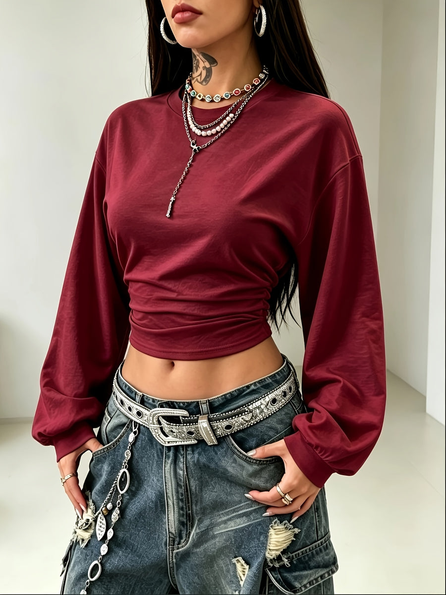 Women's Back-to- Season Basic Solid Color Pleated Asymmetrical Collar Long Sleeve Pullover Top, Autumn/Winter Casual Versatile Style,, Leisure, Dating, and Vacation Holidays in Multiple Scenarios - Burgundy
