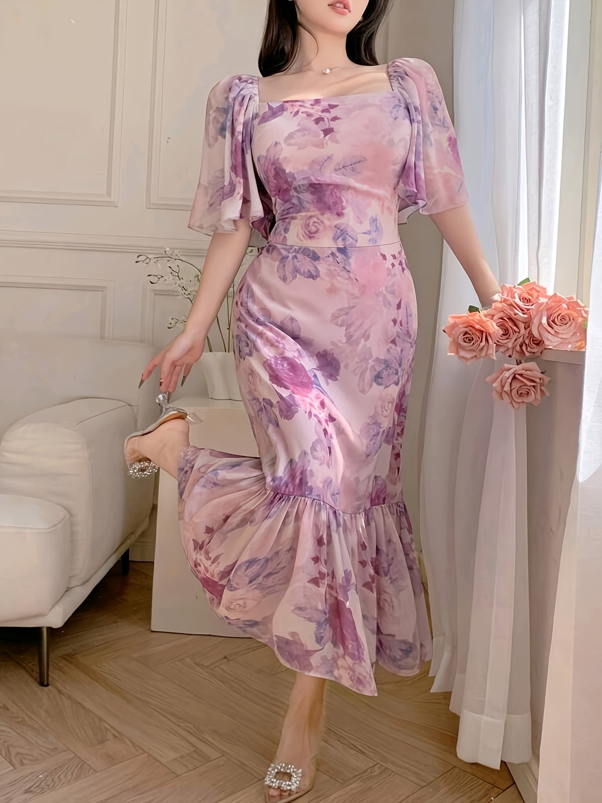 Women's Dress, Small Floral Elegant Dress, Women's Short Sleeve Holiday Dress - Purple