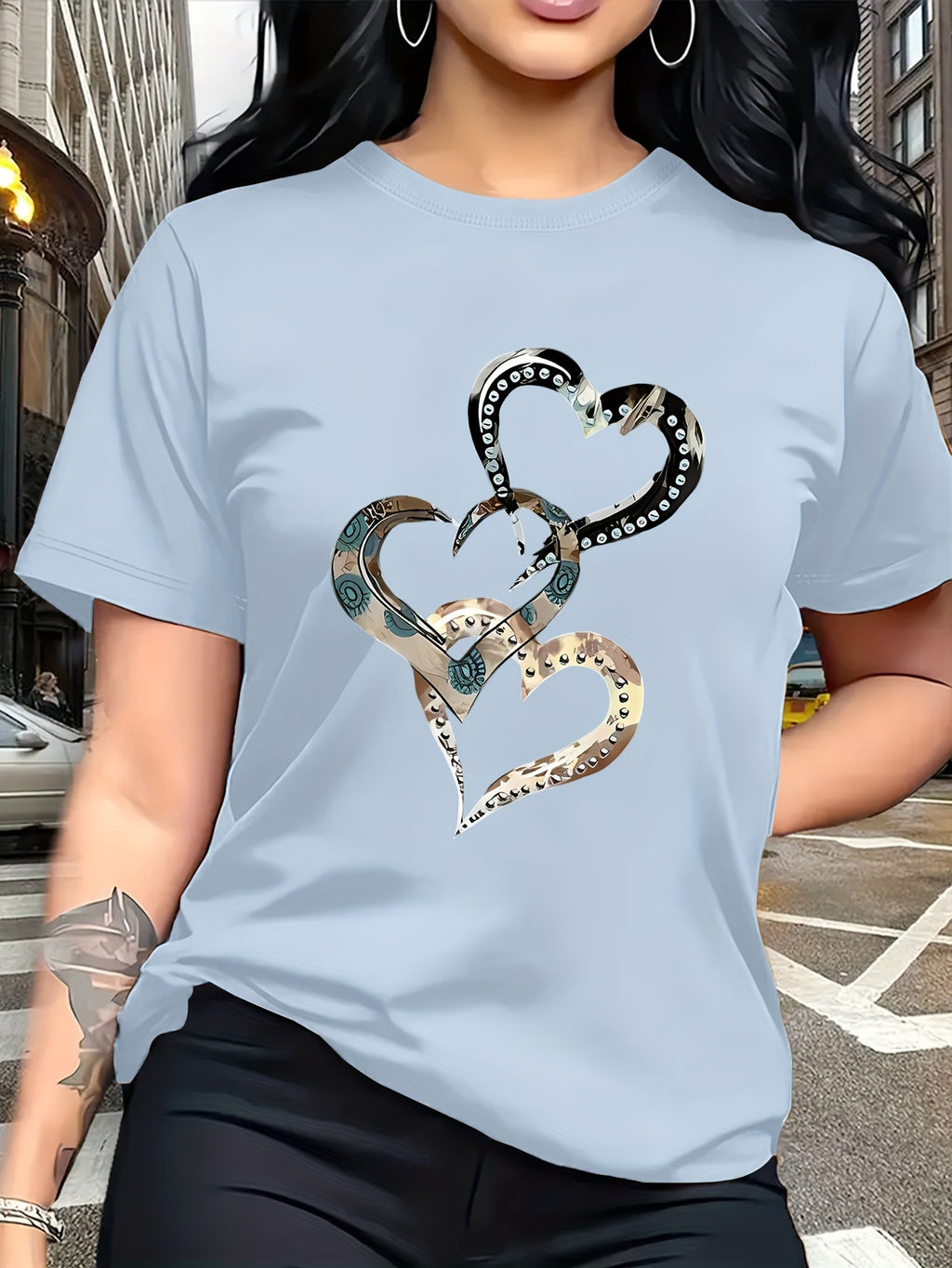 Emotion and Love" Representative, Metallic Art Heart Print Trendy Fashion, Simple Round Neck Casual Versatile Short Sleeve Women's T-Shirt for Leisure, Travel, and Vacation - Light Blue