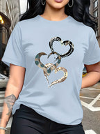 Emotion and Love" Representative, Metallic Art Heart Print Trendy Fashion, Simple Round Neck Casual Versatile Short Sleeve Women's T-Shirt for Leisure, Travel, and Vacation - Light Blue