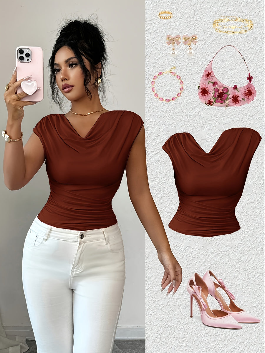 Spring/Summer Fashionable and Elegant Ruffle Pleat Collar Daily Casual T-Shirt - Brick Red