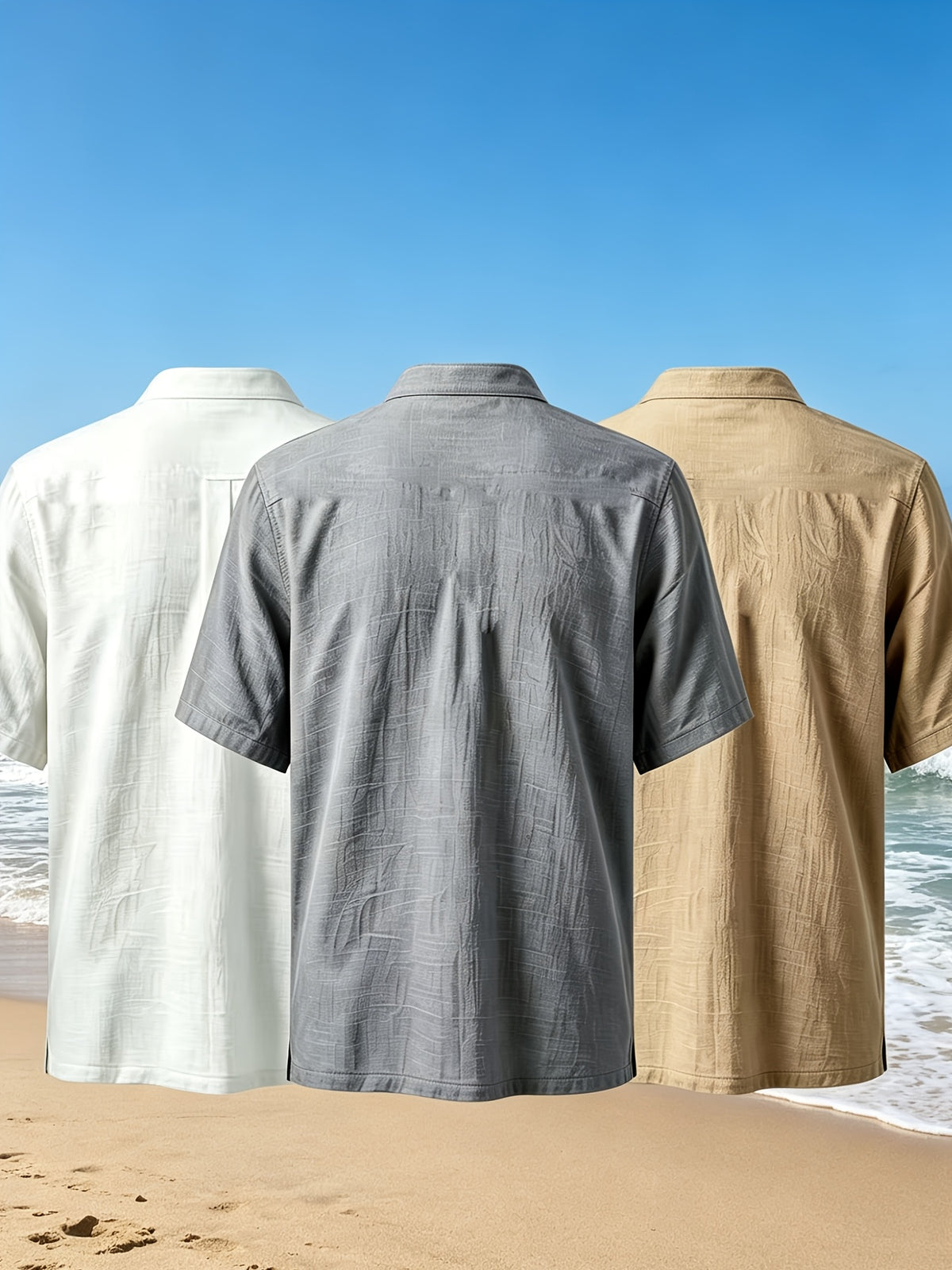 2026 New American Three-Piece Linen Stand-Up Collar Buckle Short Sleeve Summer Leisure Sports Business Home Trendy Brand Thin Breathable Versatile Henley Shirt - White+Gray+Khaki