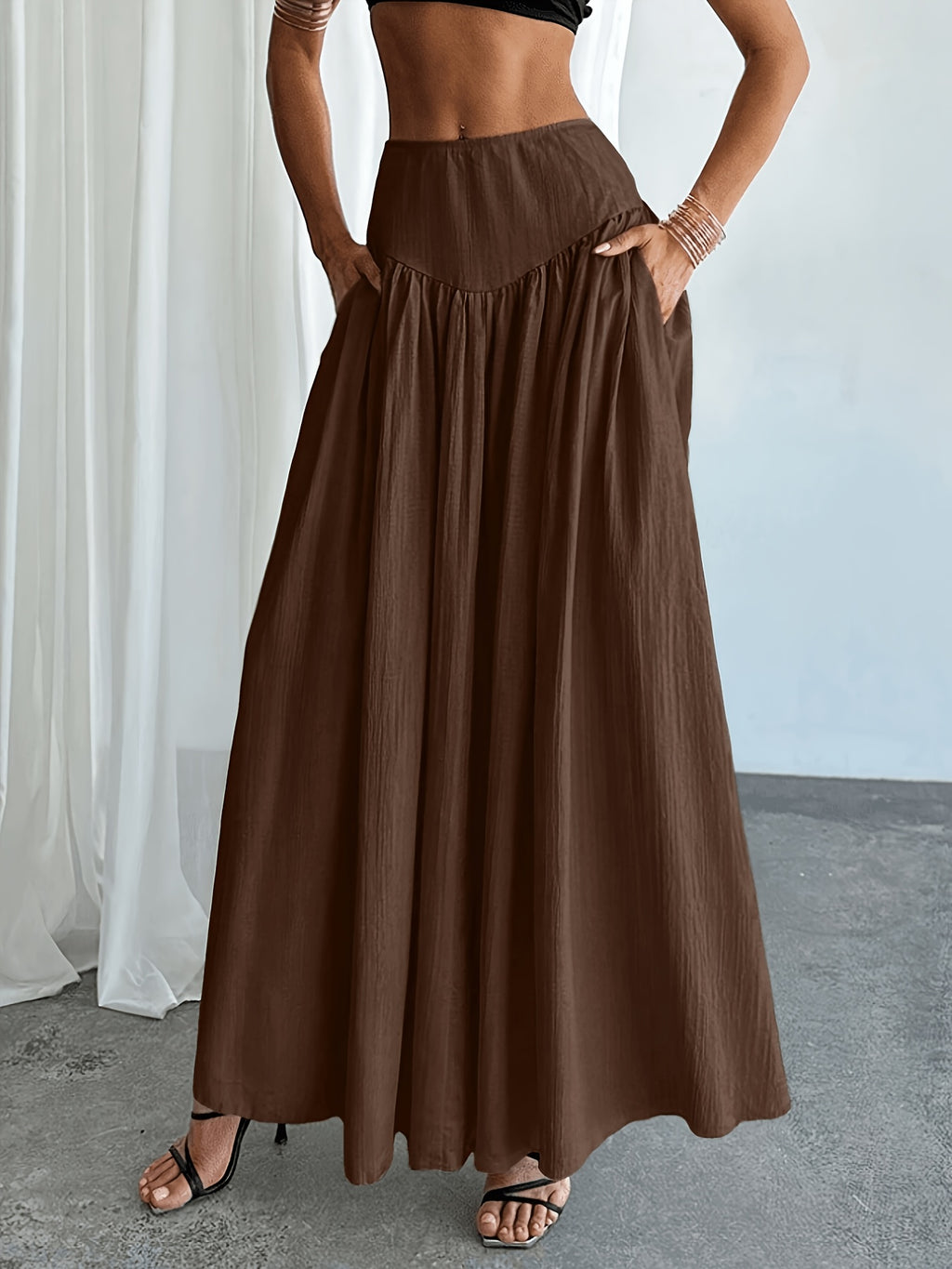 Women's Waist-Cinching Pleated Flared Skirt with Solid Pockets, Comfortable, Versatile, and Elegant, Suitable for Casual Daily Wear and Stylish Commuting, All-Season - Coffee Brown