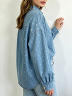 Women's Washed Soft Denim Shirt, Loose Oversized Cardigan Style, Delicate Floral Print, Rhinestone-embellished Lapel Collar, Cuffed Lantern Sleeves, Button-front Design, Casual Streetwear Style. Suitable for Daily Wear, Office Commutes, and Vacation - Blue