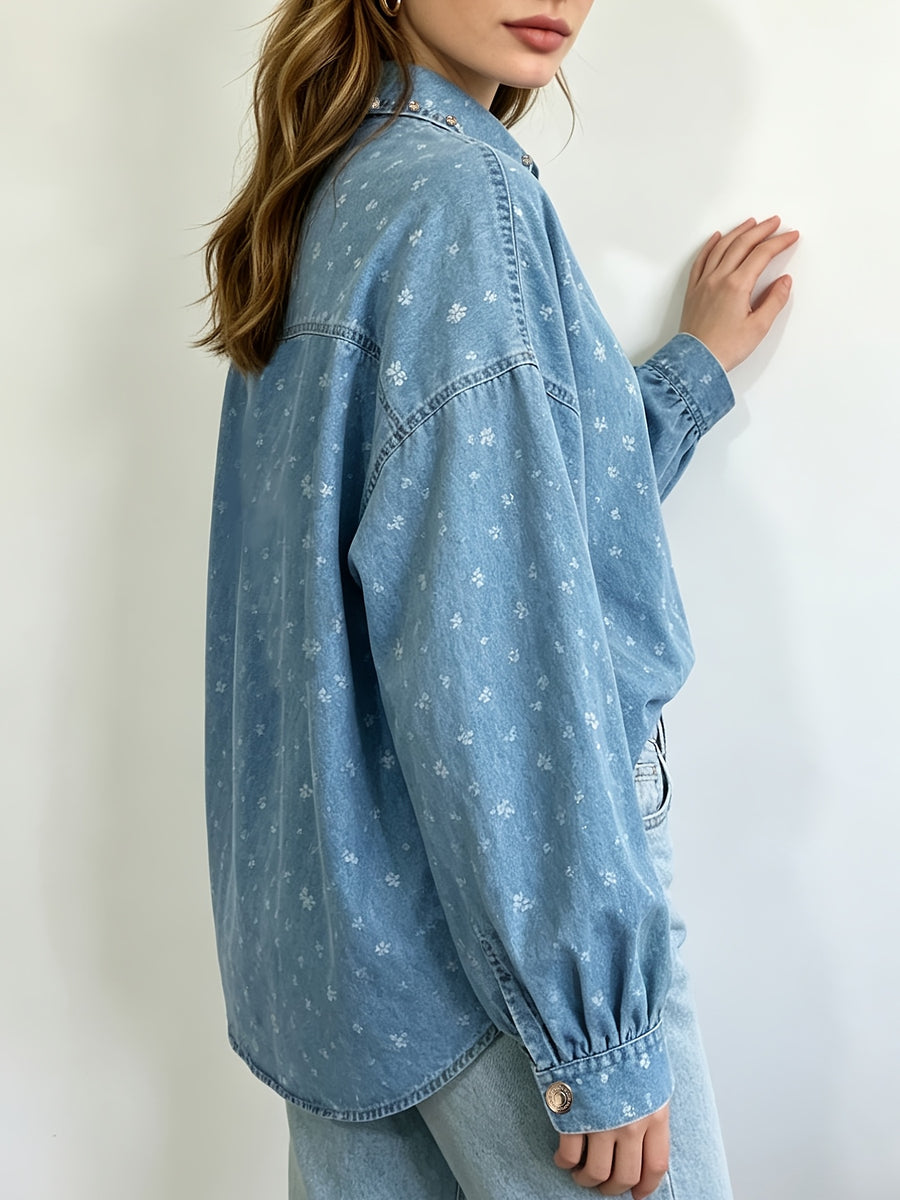 Women's Washed Soft Denim Shirt, Loose Oversized Cardigan Style, Delicate Floral Print, Rhinestone-embellished Lapel Collar, Cuffed Lantern Sleeves, Button-front Design, Casual Streetwear Style. Suitable for Daily Wear, Office Commutes, and Vacation - Blue