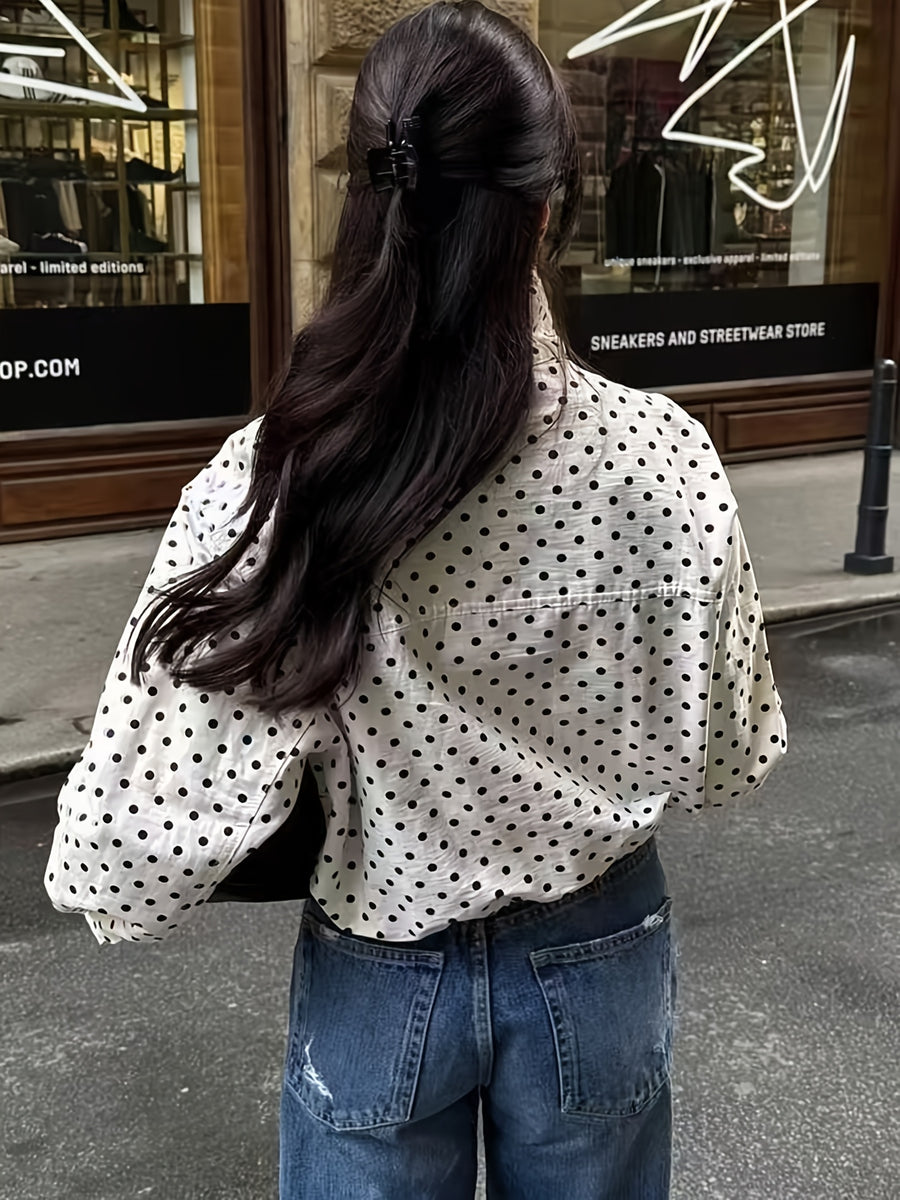 Women's Casual Polka Dot Long Sleeve Loose Fit Jacket, Spring Fashion Stand Collar Zipper Outerwear - White