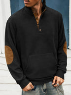 Men's Vintage Sport Stand Collar Half-Zip Sweatshirt with Contrast Color Elbow Patches and Kangaroo Pocket, Top - Black