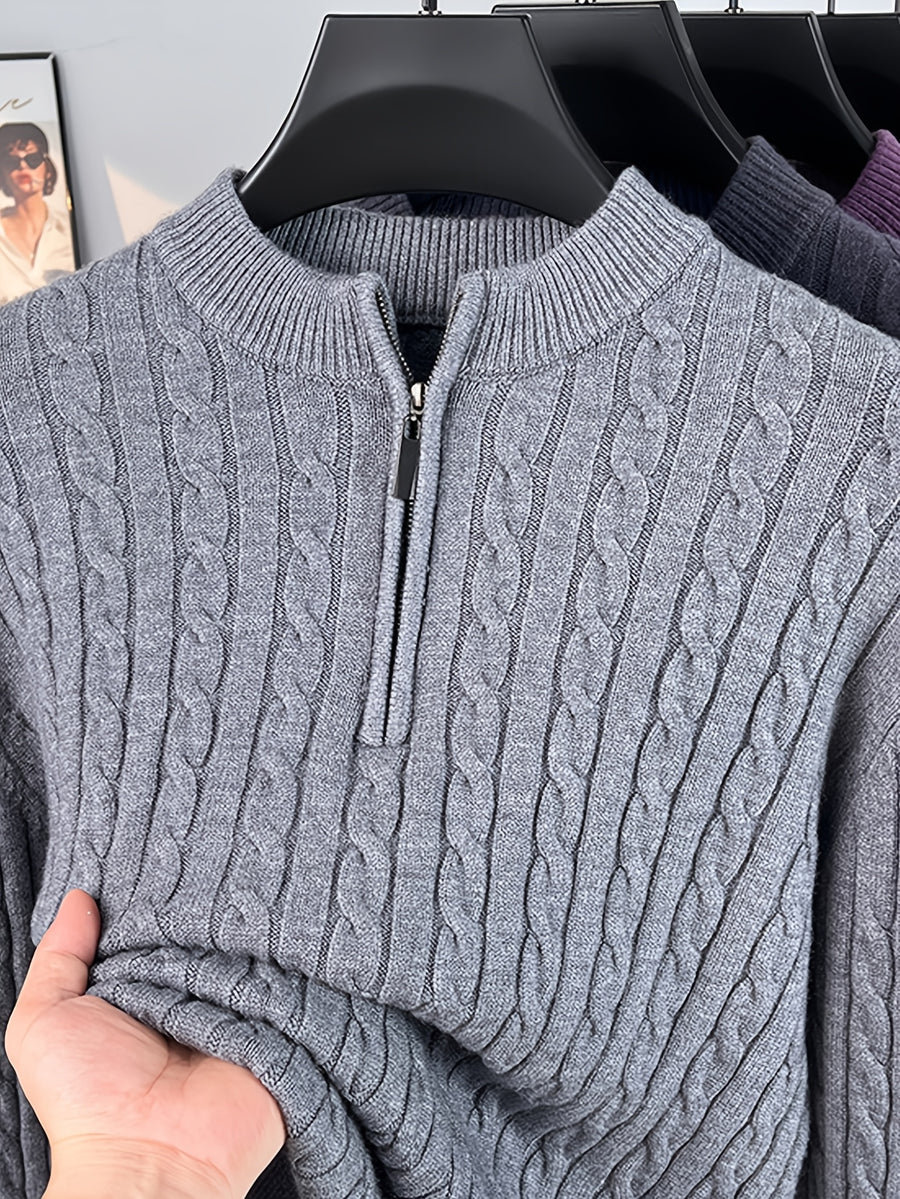 Men'S Half-Zip Jacquard Knit Sweater, Retro Luxury, Breaking The Monotony of Middle-Aged Sweaters, Suitable for Business Casual - SINBOS - Light Grey