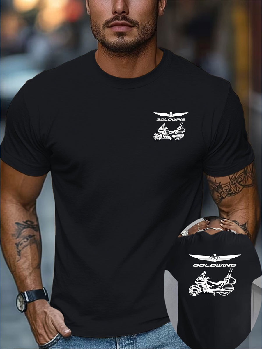 Creative Double-Sided Print Pattern Men'S Short Sleeve T-Shirt, Goldwing Motorcycle Silhouette Print T-Shirt, Motorcycle Culture, Easy, Men'S Fashion Trendy Short Sleeve, Suitable for Daily Casual And Outdoor Sports Fitness - Black