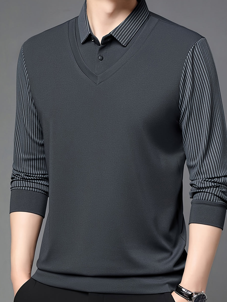 Men'S Shirt Collar Faux Two-Piece Polo Sweater, Suitable for Middle-Aged Men, Commute And Business Gatherings - SINBOS, Knit - Medium Gray