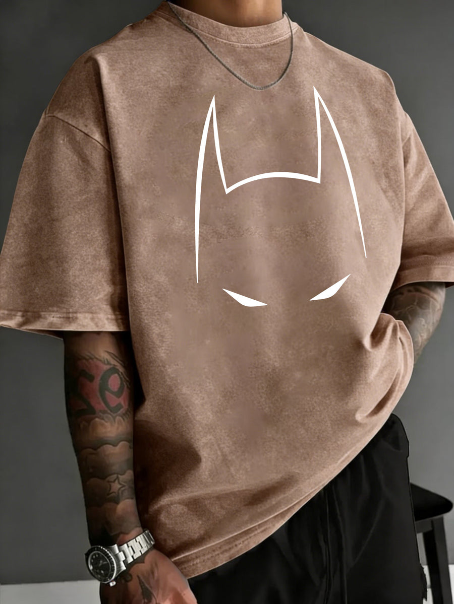 Licensed by WB Warner, Men's Old Cotton 100% Cotton Washed Crew Neck T-Shirt, Mask Contour Minimalist Graphic Design, Loose Version, Men's Casual Cotton Versatile Loose Summer Short Sleeve T-Shirt - Coffee Color