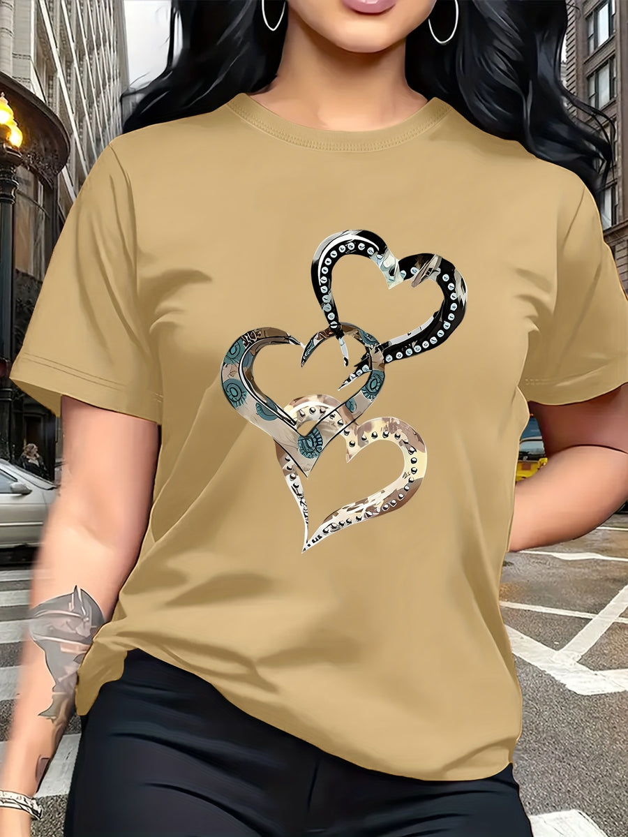Emotion and Love" Representative, Metallic Art Heart Print Trendy Fashion, Simple Round Neck Casual Versatile Short Sleeve Women's T-Shirt for Leisure, Travel, and Vacation - Khaki