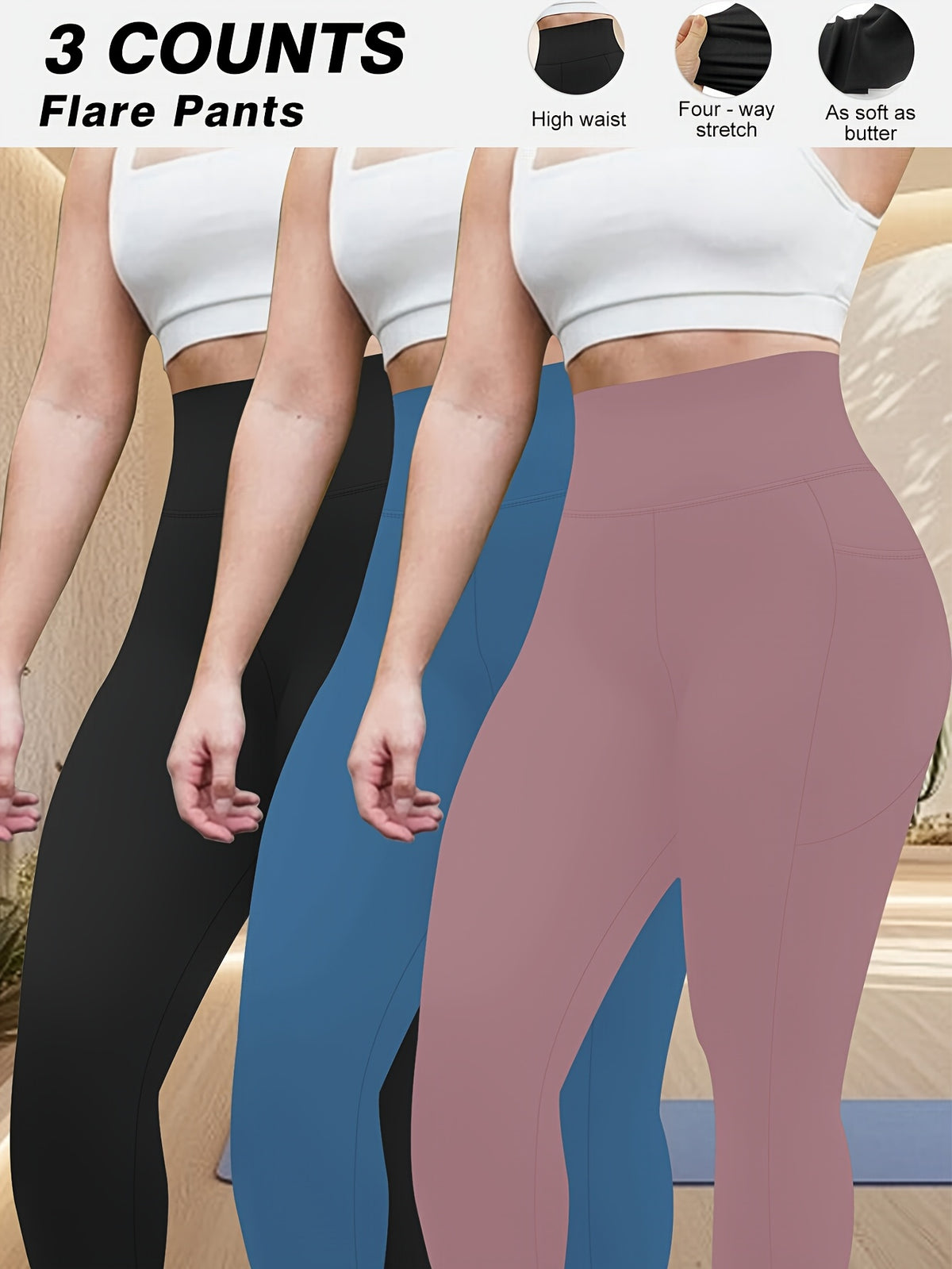 Plus Size - Plus Size - Set of 3 Plus-Size High-Waisted Tight Leggings for Women, Suitable for Outdoor And Workouts. The Fabric Is Highly Elastic, Providing Tummy Control And a Effect. Features Side Pockets for Phone Storage - 1 Black 1 Blue 1 Raspberry
