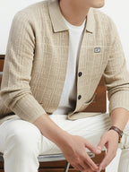 Du Jing Lan OBM Autumn/Winter New Arrival Men's Knit Cardigan, Old Money Style Solid Color Open Front Button-Up Lapel Long Sleeve Knit Cardigan, Men's Business Casual Fashion Open Front Knit Base Layer Top, Suitable for Layering in Spring - Khaki
