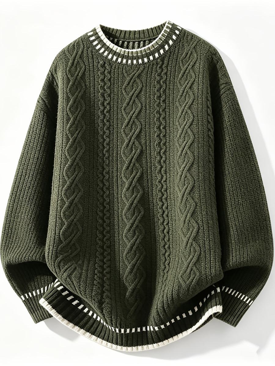 Men'S Retro Cable Knit Sweater, Contrast Ribbed 3D Jacquard Pullover for Autumn Winter, Trendy Casual Top - Green