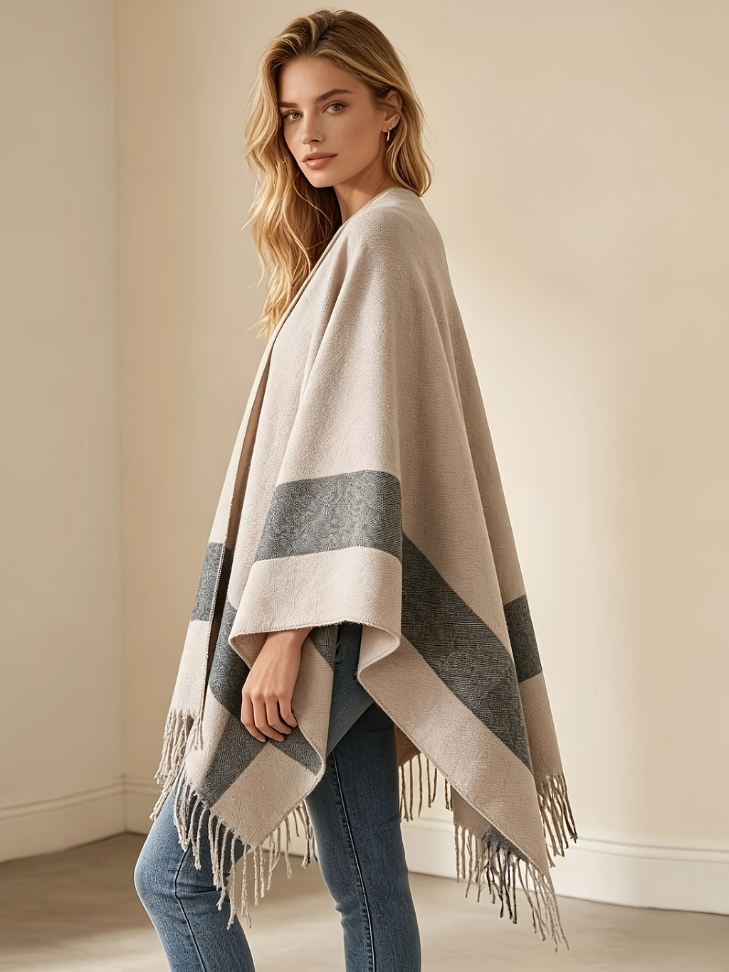 Women'S Striped Printed Cardigan Shawl, Bohemian Style Front-Open Jacket Casual Elegant Cape Sweater Suitable for Autumn Winter Evening Parties - Khaki