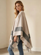 Women'S Striped Printed Cardigan Shawl, Bohemian Style Front-Open Jacket Casual Elegant Cape Sweater Suitable for Autumn Winter Evening Parties - Khaki