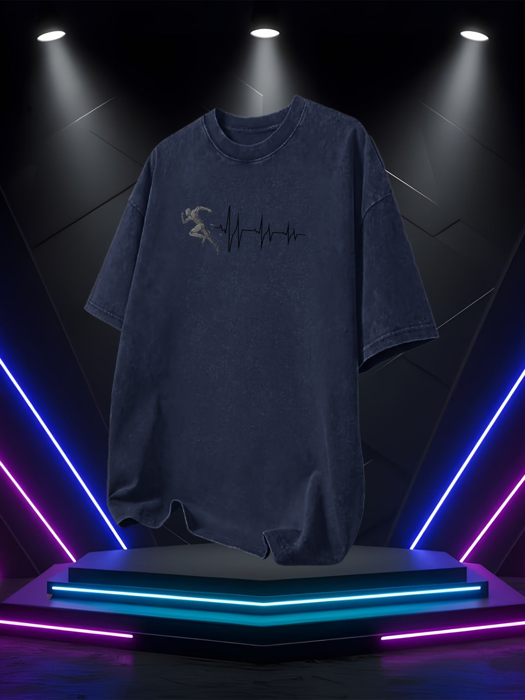 Men's Washed Short-Sleeve T-Shirt, Made of Pure Cotton Fabric That Is Breathable and Skin-friendly. The Relaxed Fit Is Comfortable and Versatile. Features a Creative Print of a Runner on the Front + EKG, Combining Athletic Passion with the Rhythm - Navy blue color
