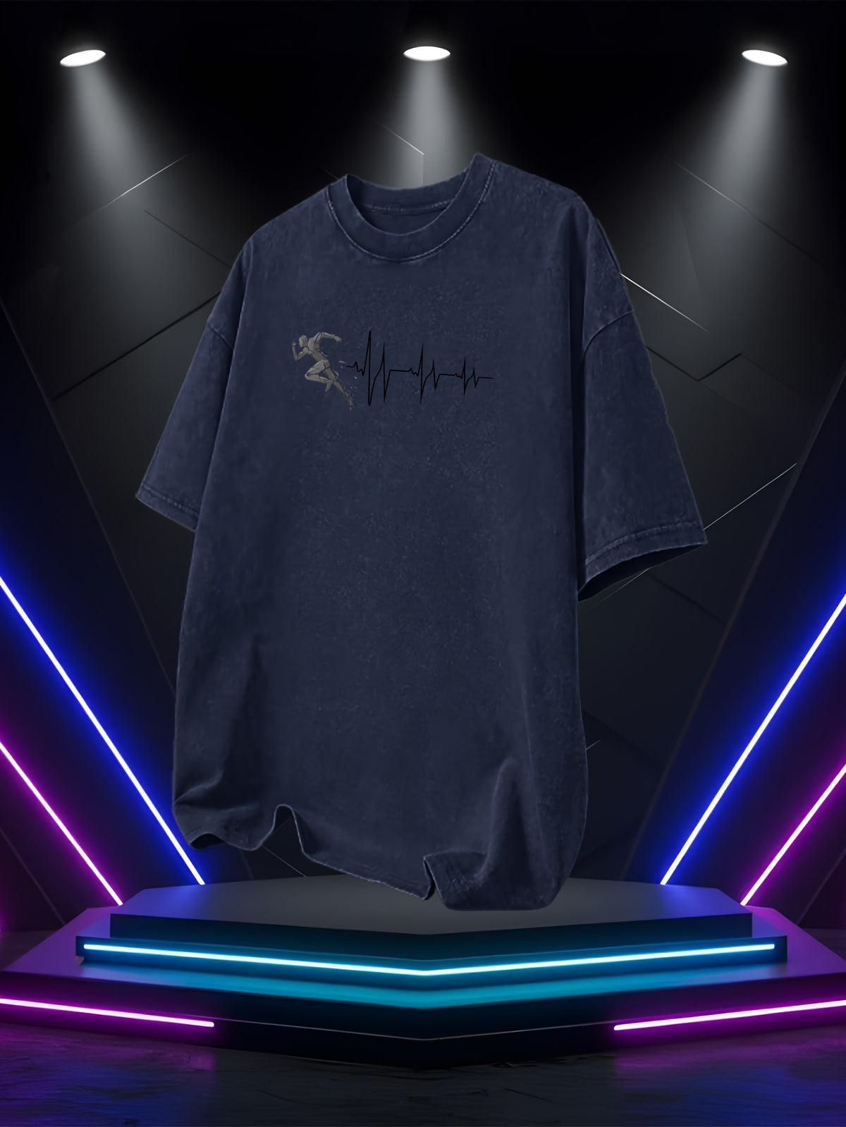 Men's Washed Short-Sleeve T-Shirt, Made of Pure Cotton Fabric That Is Breathable and Skin-friendly. The Relaxed Fit Is Comfortable and Versatile. Features a Creative Print of a Runner on the Front + EKG, Combining Athletic Passion with the Rhythm - Navy blue color
