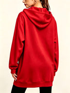 Women's Long Hooded Printed Sweatshirt Jacket, Autumn/Winter Thickened Hoodie, Versatile Loose Fit Casual Long Sleeve Zip-Up Cardigan Jacket - Red