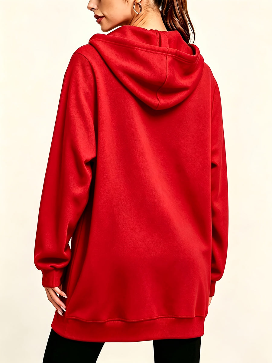 Women's Long Hooded Printed Sweatshirt Jacket, Autumn/Winter Thickened Hoodie, Versatile Loose Fit Casual Long Sleeve Zip-Up Cardigan Jacket - Red