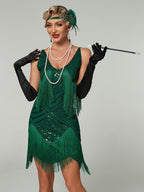 1920S Vintage Sequin Cape Gatsby Flapper Dress Tassel Evening Party Dress for Women Sequined Dress with Beads Toast Small Formal Dress - Green
