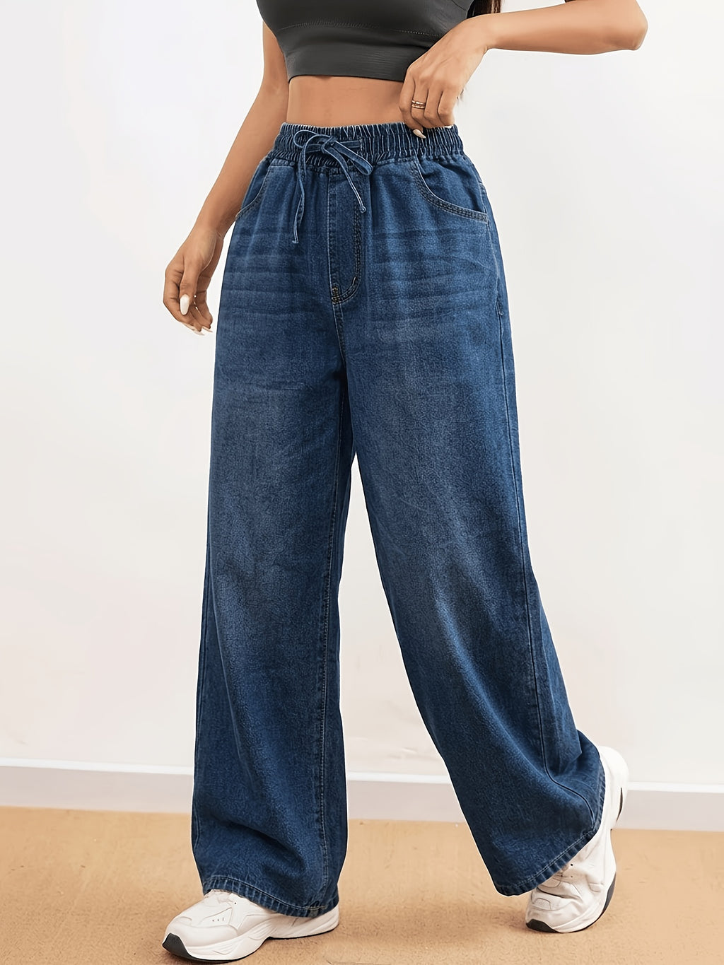 Summer Women'S Elastic Waist Lightweight Fabric Wide-Leg Jeans, Loose Drawstring High-Waist Thin Casual Denim Trousers, Suitable for Beach, Daily Commute, Casual Outings - Medium Blue