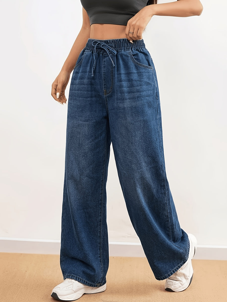 Summer Women'S Elastic Waist Lightweight Fabric Wide-Leg Jeans, Loose Drawstring High-Waist Thin Casual Denim Trousers, Suitable for Beach, Daily Commute, Casual Outings - Medium Blue