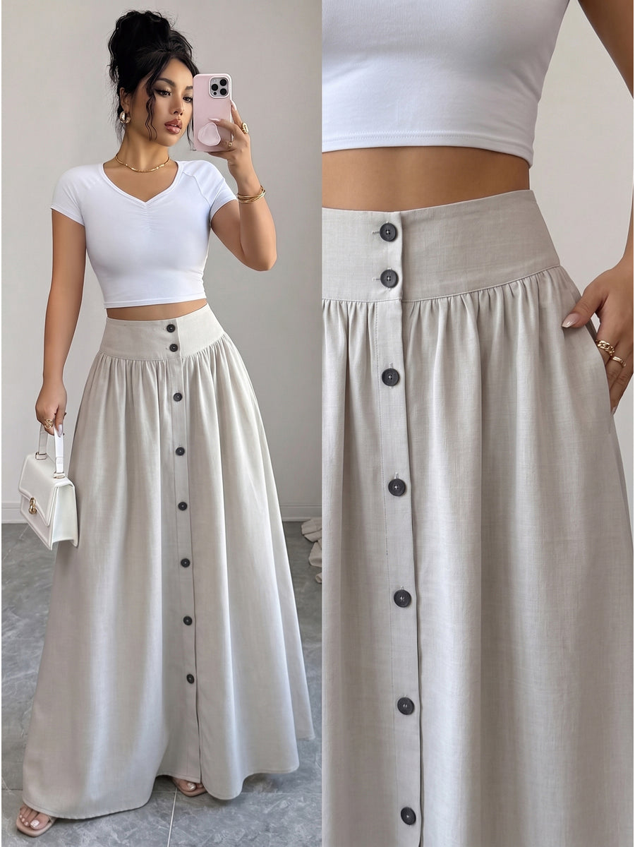 Women'S Button-Long Skirt, Fashionable Versatile Vacation Office Christmas Date Spring Autumn New - Apricot
