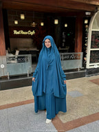 New Cross-Border Middle East Solid Color Women's Lace-Up Abaya 2pcs Set with Large Headscarf, Arabic Style P302 - Royal Blue