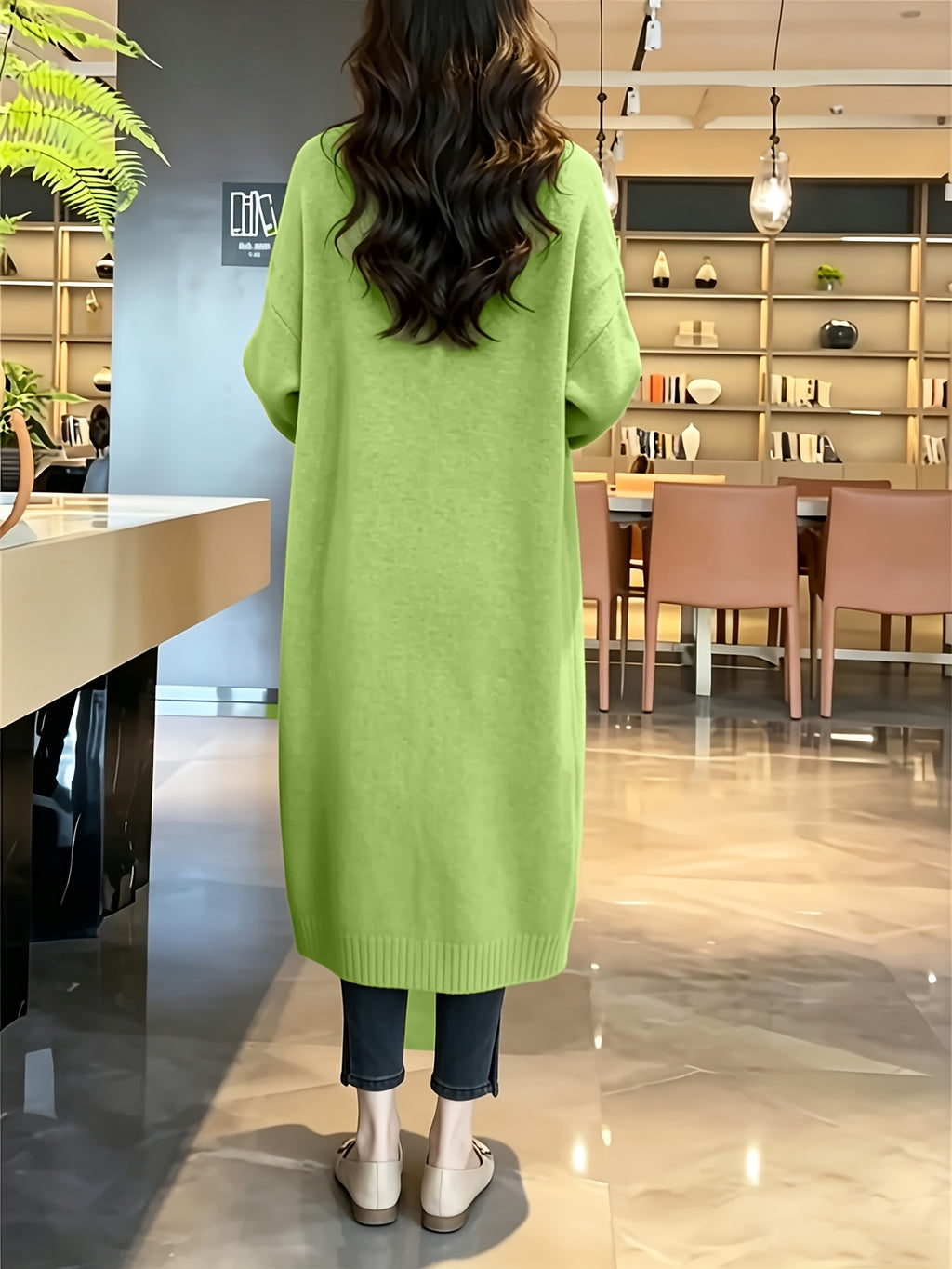 Autumn Winter Lazy Style Round Neck Pullover Sweater Dress For, Loose Over-The-Knee Mid-Length Side Slit Dress - Green