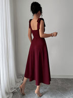 Women's Elegant Sleeveless Tie-Waist A-Line Dress - Burgundy