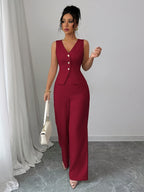 Sleeveless Elegant Vest And Women'S Pants Set, Summer Office Wear - Burgundy