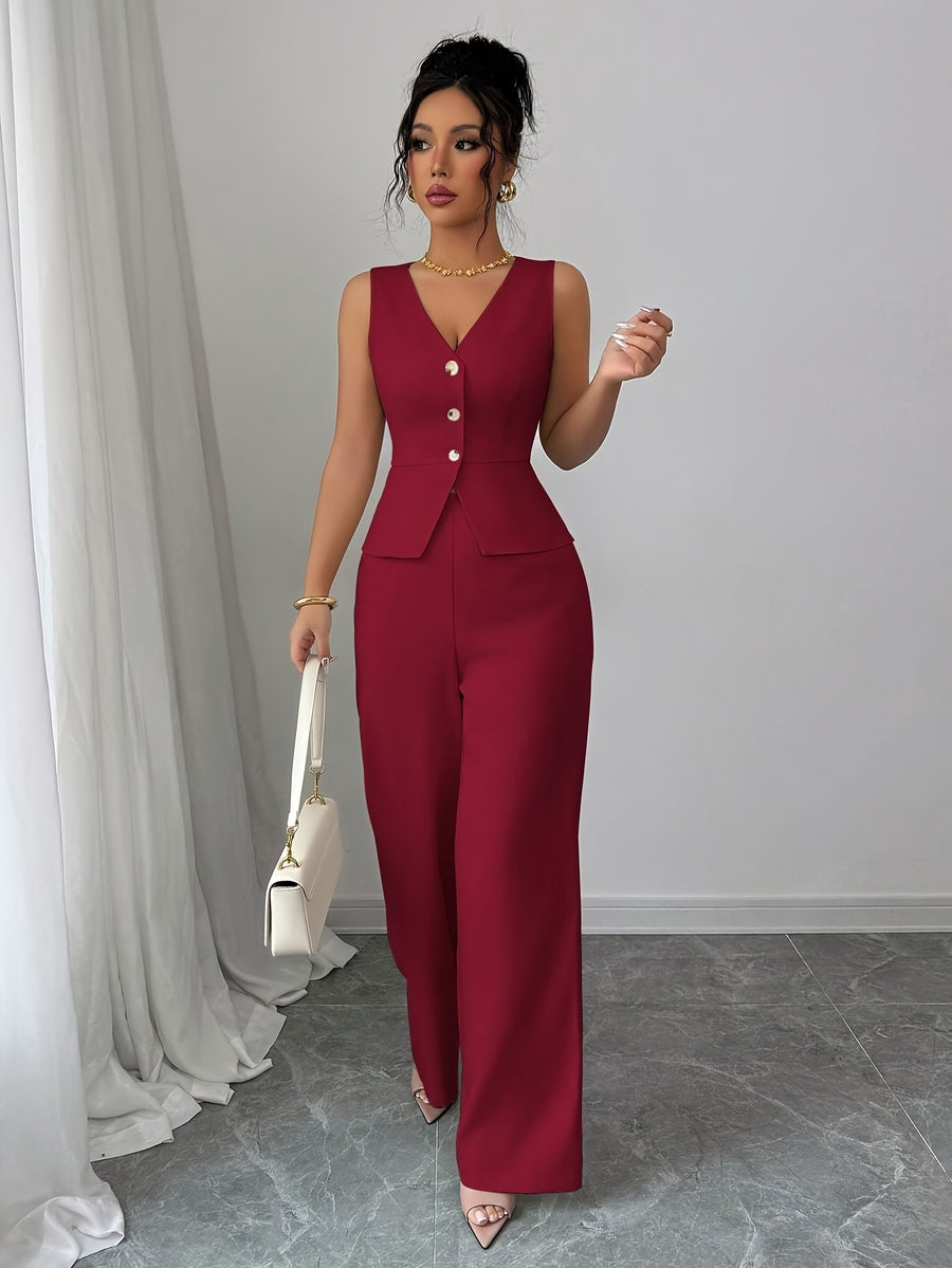 Sleeveless Elegant Vest And Women'S Pants Set, Summer Office Wear - Burgundy