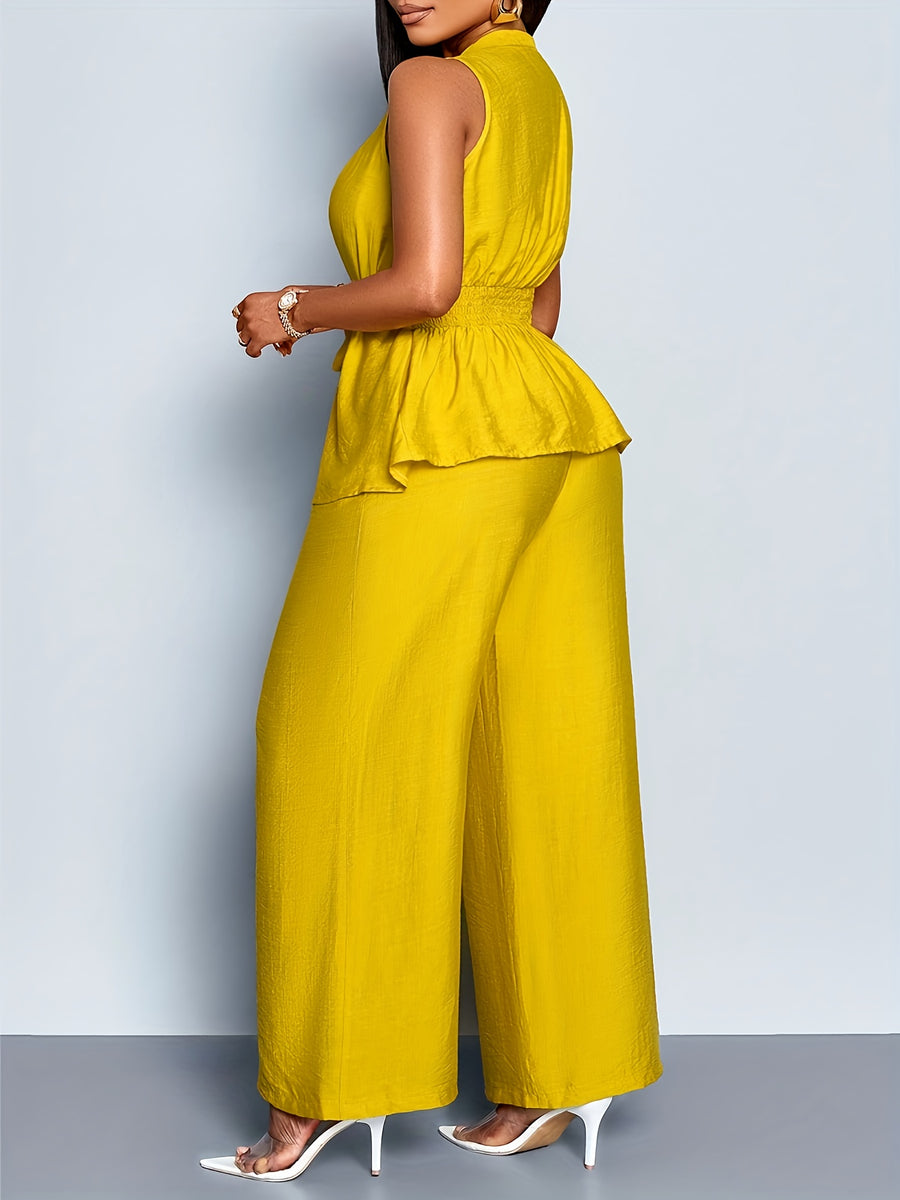 Women's Spring/Summer Elegant Vacation Style Daily Wear Sleeveless Top with Asymmetric Hem + Wide-Leg Pants 2pcs Set, Casual 2pcs Outfit for Wedding Season, Music Festivals, Easter, Western, Bohemian, Nashville Style, Parties, Weddings - Yellow