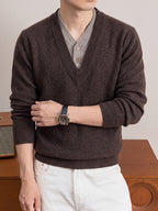 Autumn/Winter Thickened V-Neck Sweater, Men's Warm Casual Knit Top, Suitable for Daily Commuting and Business - Coffee Color