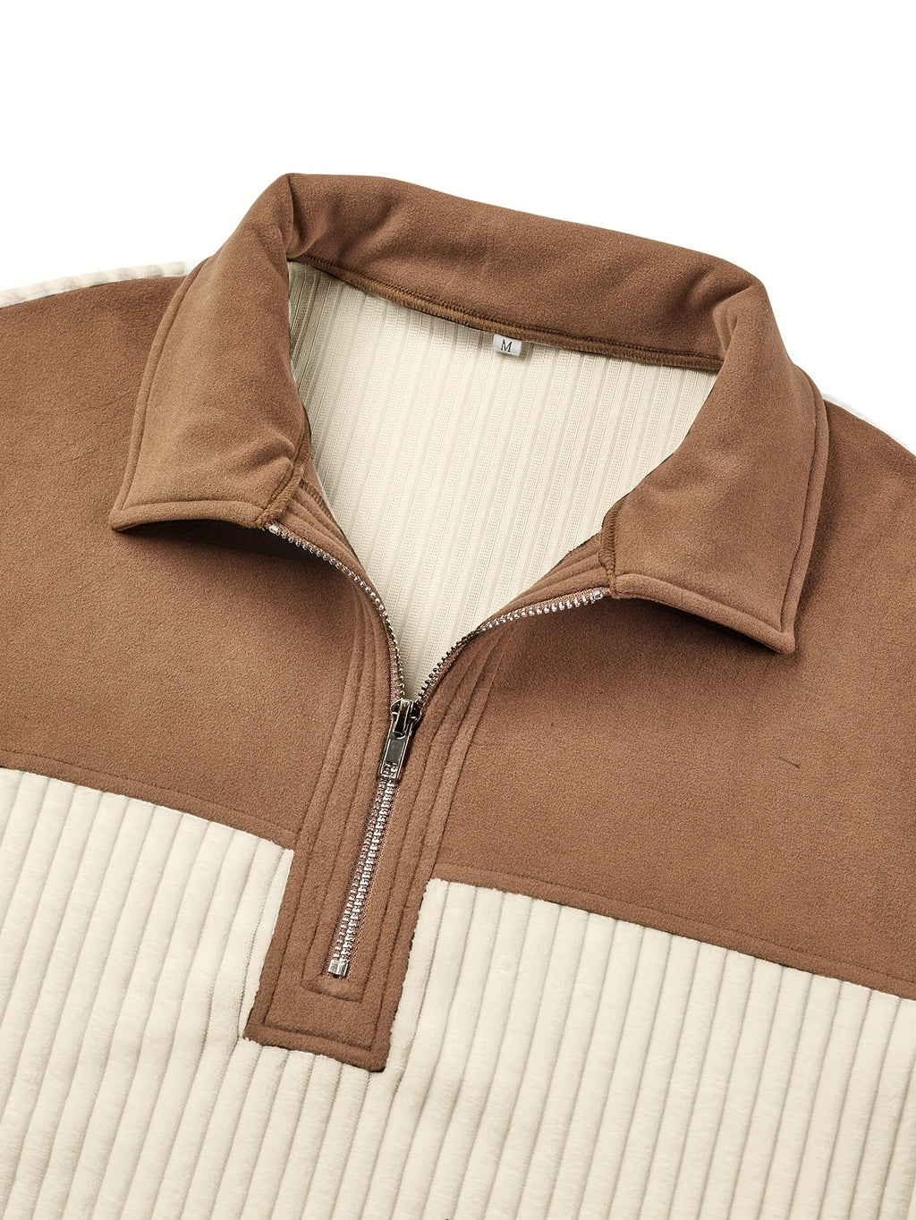 Men's Color-Block Design Casual Stand Collar Pullover - Ribbed Color-Block Patchwork, Thick and Warm Pullover, Stand Collar with Zipper Design, Suitable for Daily Casual Fashion, Simple and Versatile for Outings and Commuting, Long-Sleeve  Pullover - Off-white