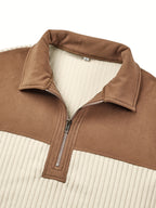 Men's Color-Block Design Casual Stand Collar Pullover - Ribbed Color-Block Patchwork, Thick and Warm Pullover, Stand Collar with Zipper Design, Suitable for Daily Casual Fashion, Simple and Versatile for Outings and Commuting, Long-Sleeve  Pullover - Off-white