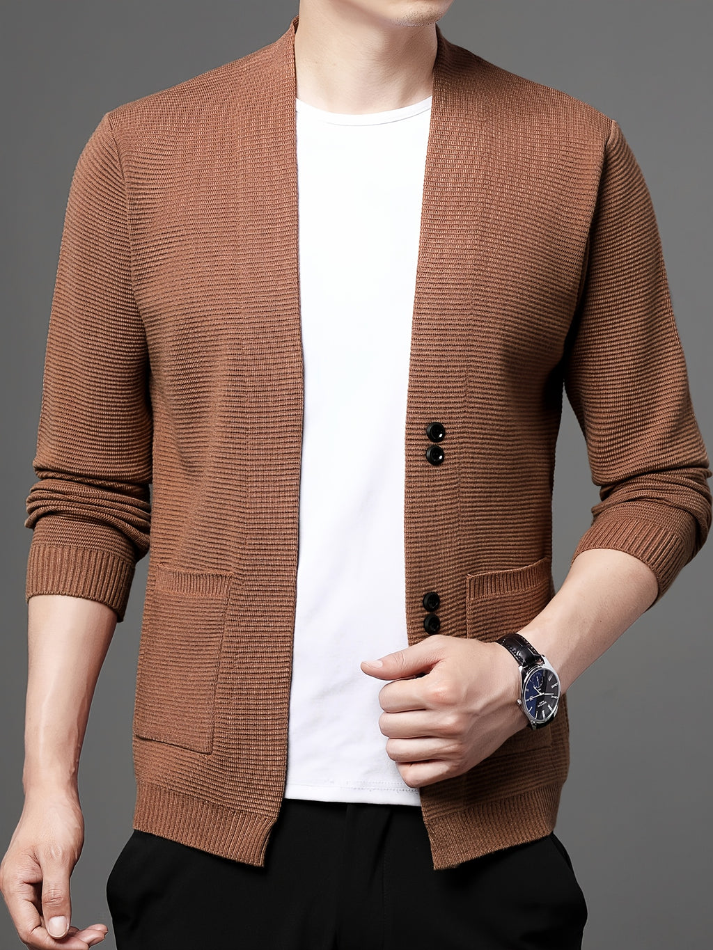 [Wading Whale OBM] Spring/Summer New Men'S Knit Cardigan, Old Money Style Solid Color V-Neck Long Sleeve Open Front Sweater Jacket with Single Button Closure And Side Pockets, Suitable for Spring And Autumn Layering Or Outerwear - Rust