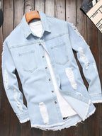 American Retro Distressed Denim Long Sleeve Shirt Men'S Summer Spring Thin Washed Cargo Jacket Men'S Loose Long Sleeve Shirt - Bright Steel Blue