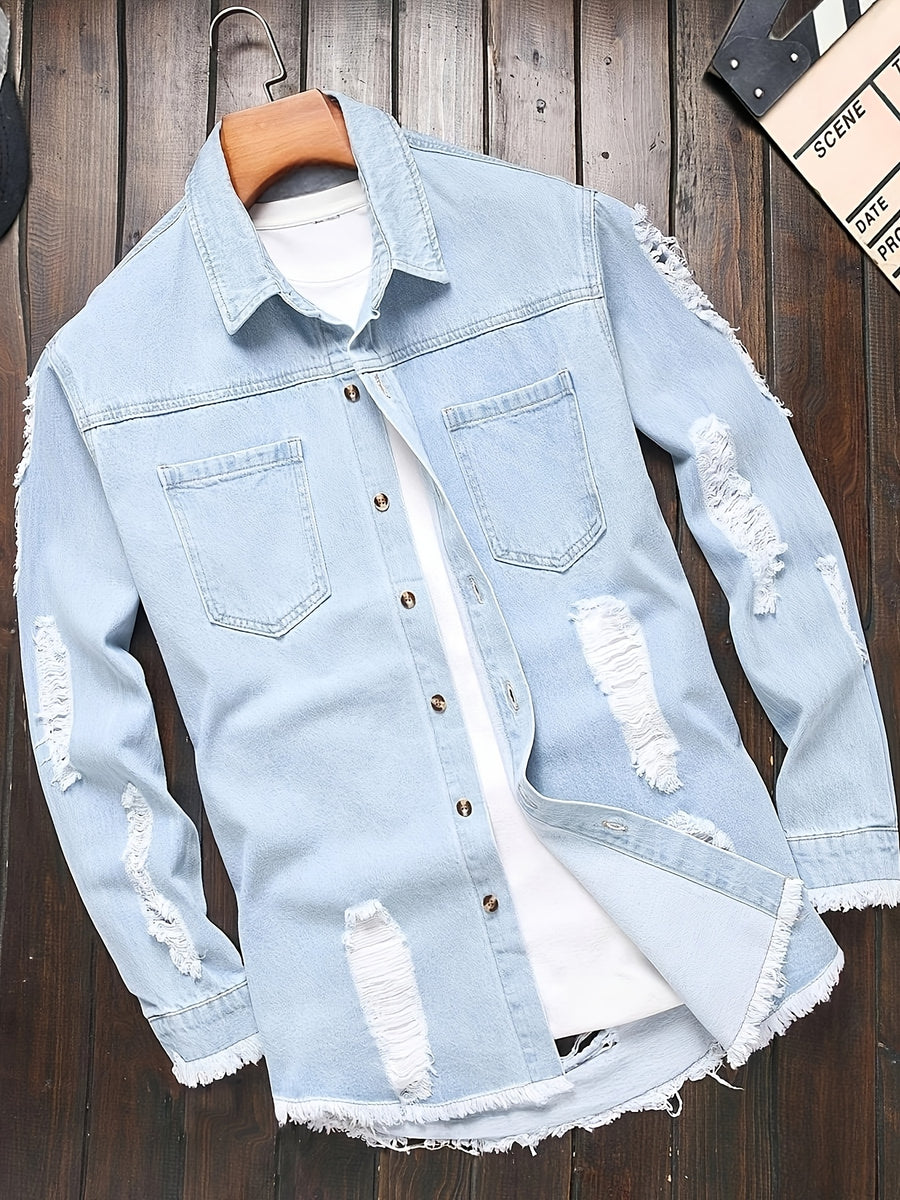 American Retro Distressed Denim Long Sleeve Shirt Men'S Summer Spring Thin Washed Cargo Jacket Men'S Loose Long Sleeve Shirt - Bright Steel Blue