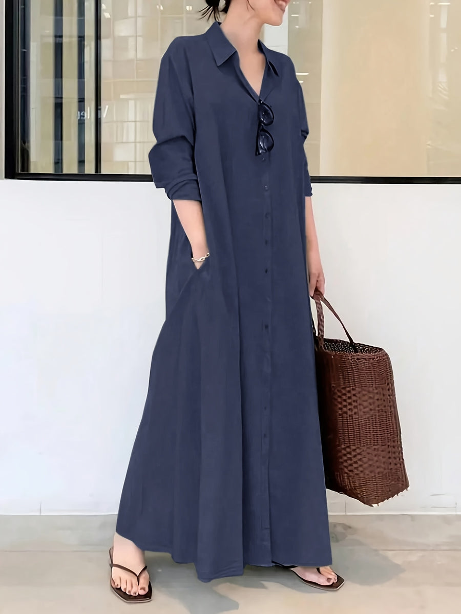Women'S Button-Up Shirt Dress, Long Sleeve with Pockets, Spring Blouse Collar Autumn Dress - Navy Color