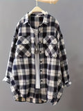 Women's Loose Black and White Plaid Shirt Long Sleeve Casual Commuter Pocket Top Wrinkle-Free Spring Autumn Outerwear - Black And White
