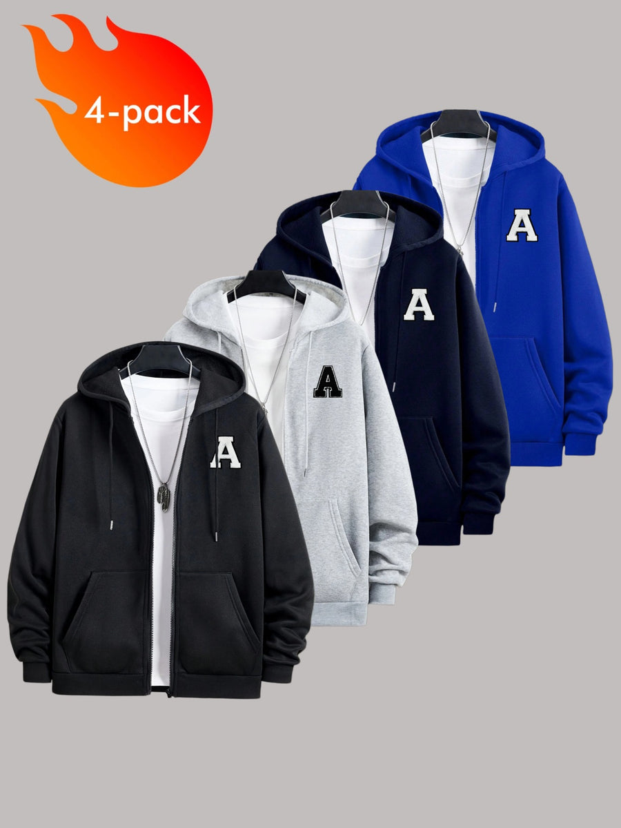 50% Cotton, 50% Polyester, 4pcs Men's Zippered Hooded -Lined Sweatshirt, Men's Apparel, Long-Sleeve Jacket, Zippered Top, Hooded Sweatshirt, Pockets, Drawstring, Suitable for Outings, Casual Wear, Back-to-School Season, Gift for Boyfriend - Black + light gray + navy + blue