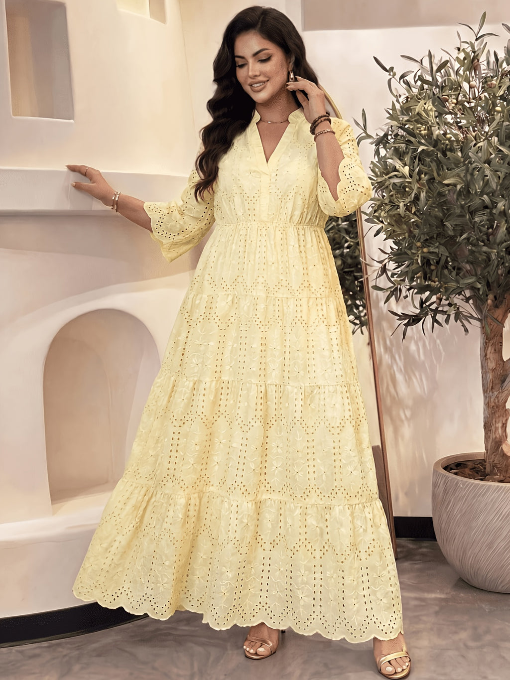 Plus Size, Chizhaoxue Targeted Plus Size Women's Clothing Boho Eyelet Maxi Dress, Elegant V-Neck Bell Sleeve Tiered Long Beach Sundress, Curvy Casual Vacation Cottagecore Dress - Yellow