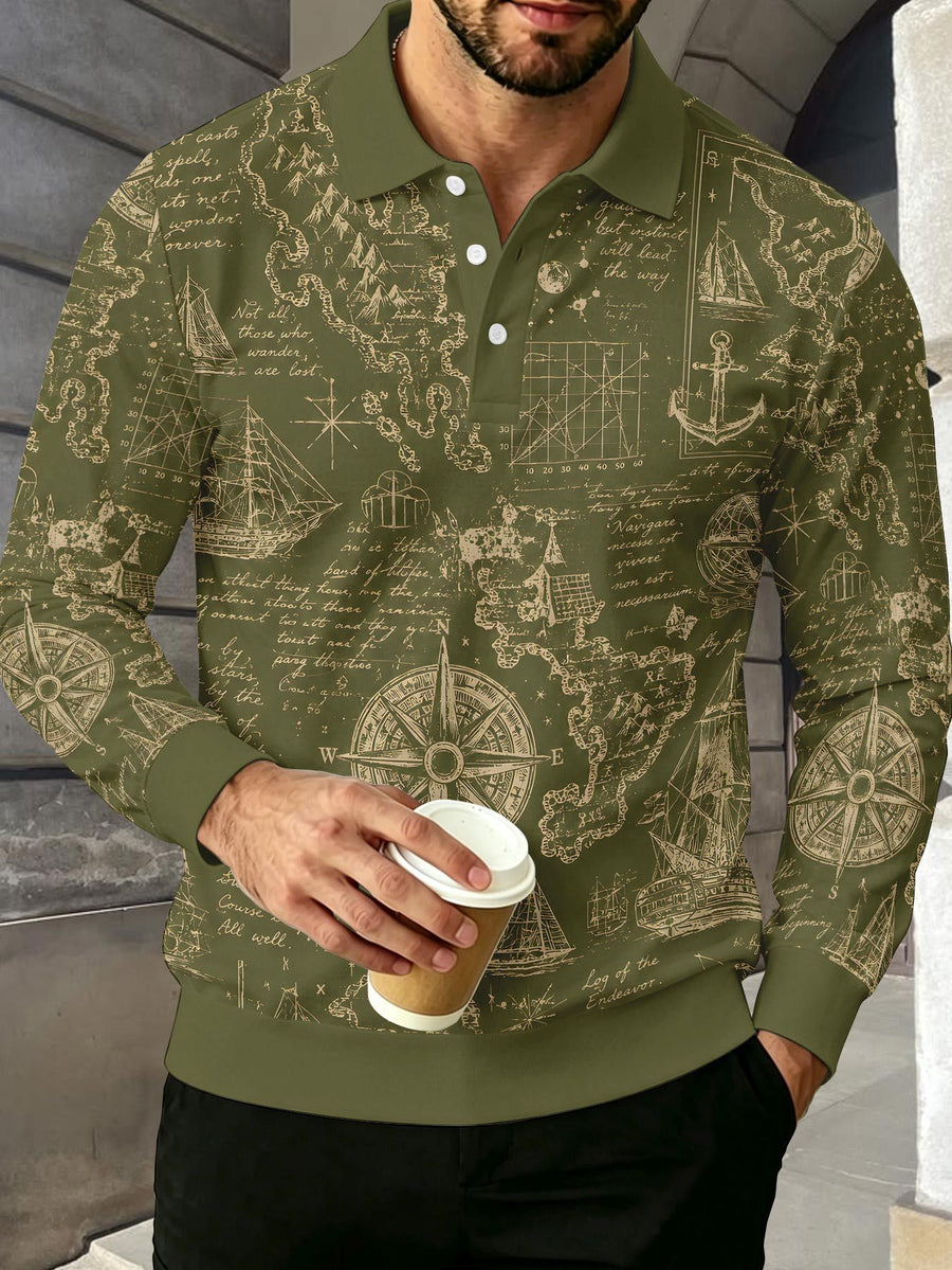 Men's Contrast Color Long Sleeve Polo Shirt, Lapel Collar Three-Button Casual Top with Vintage Nautical Manuscript Print, Versatile Men's Apparel for Spring/Autumn Business Commuting and Golf, Surprise Birthday/Holiday Gift for Young Men - Mixed Color F