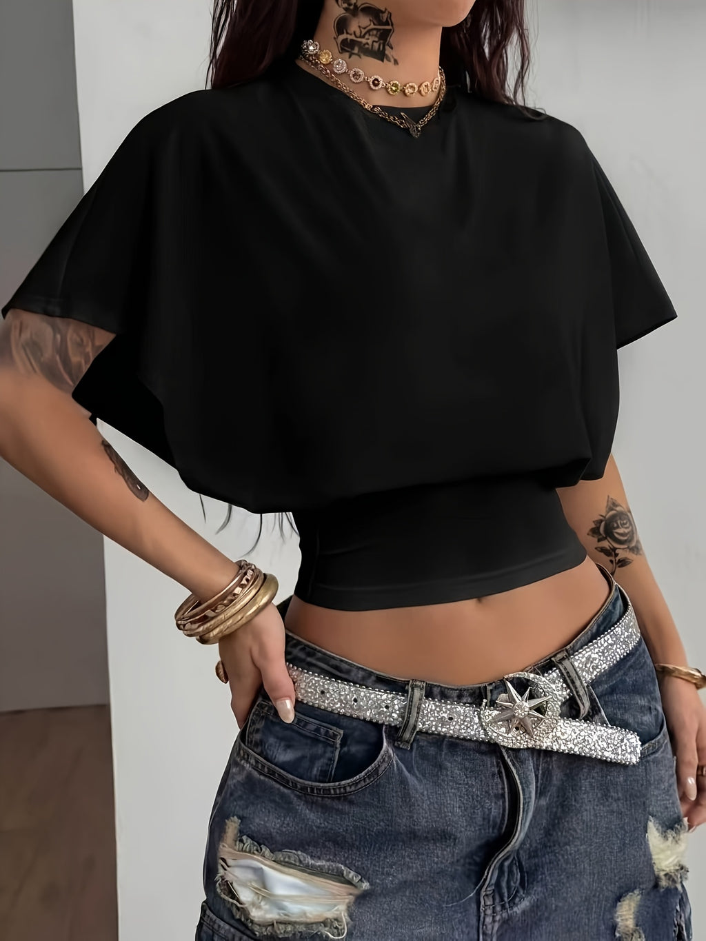 Women'S Spring/Summer Elegant Slim Batwing Sleeve Short Top Basic Style - Black