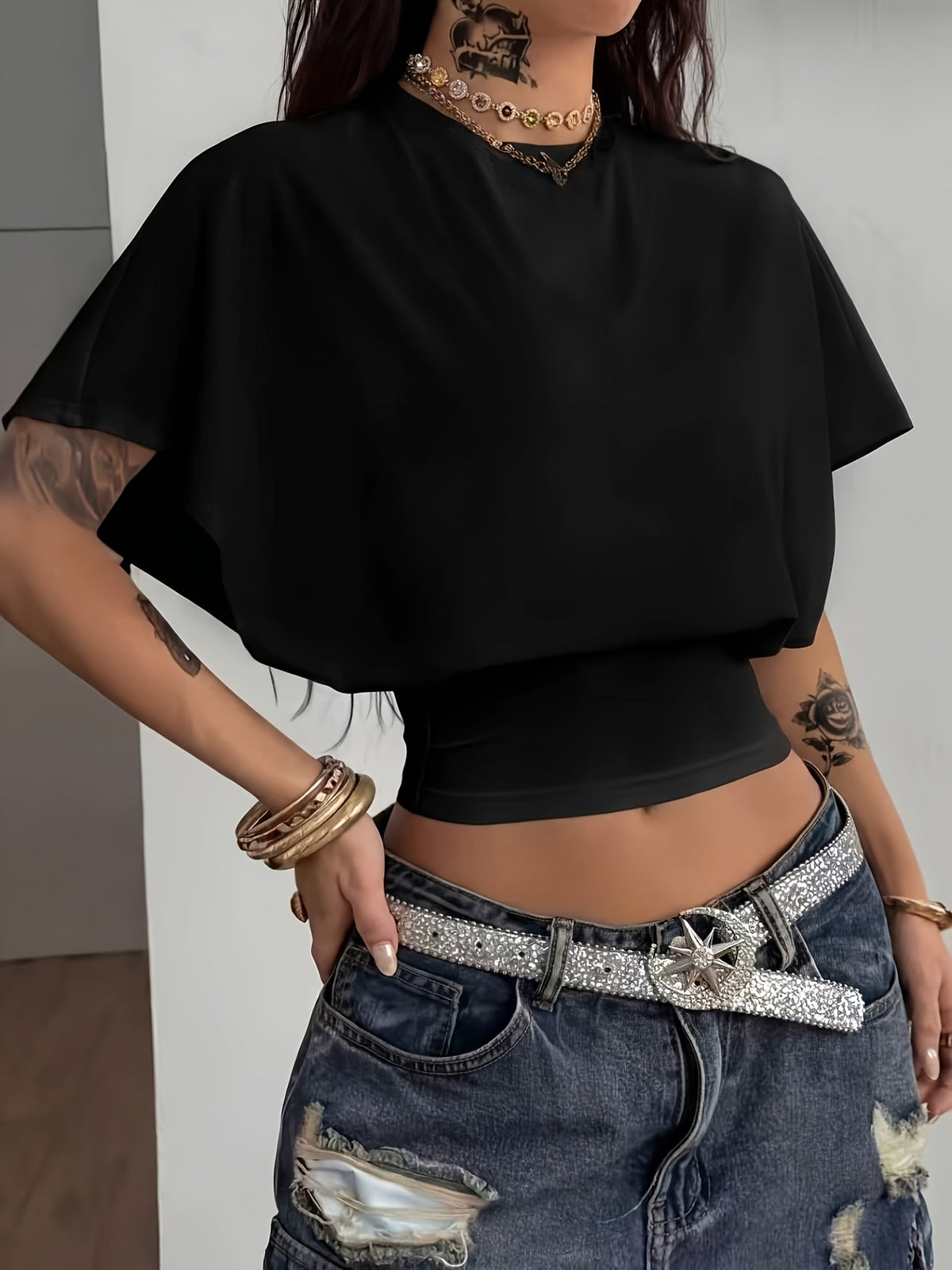 Women'S Spring/Summer Elegant Slim Batwing Sleeve Short Top Basic Style - Black