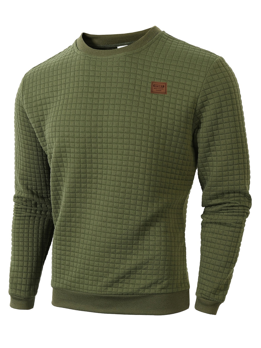Men'S Knit Round Neck Solid Small Checkered Pullover Sweatshirt, Casual Easy Fashion Trendy Square Premium Men'S Clothing - fern green